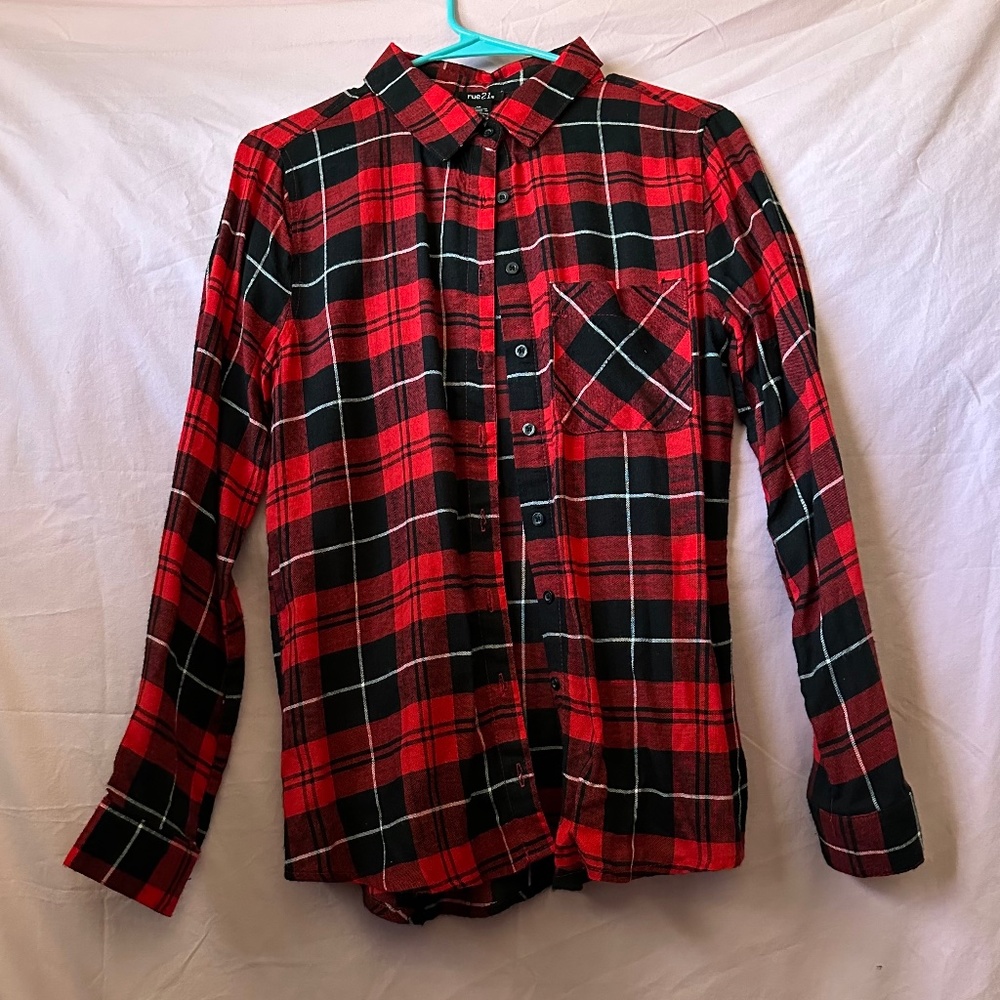 Red plaid button up shirt long sleeve Rue 21 xs